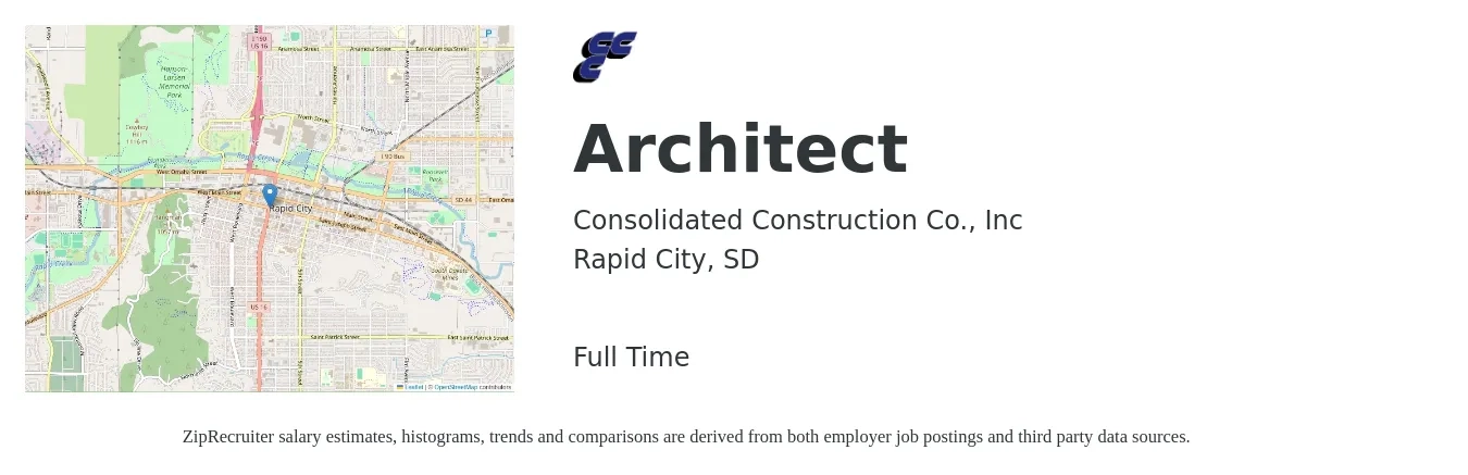 Consolidated Construction Co., Inc job posting for a Architect in Rapid City, SD with a salary of $89,800 to $163,900 Yearly with a map of Rapid City location.