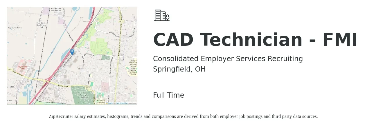 Consolidated Employer Services Recruiting job posting for a CAD Technician - FMI in Springfield, OH with a salary of $21 to $30 Hourly with a map of Springfield location.
