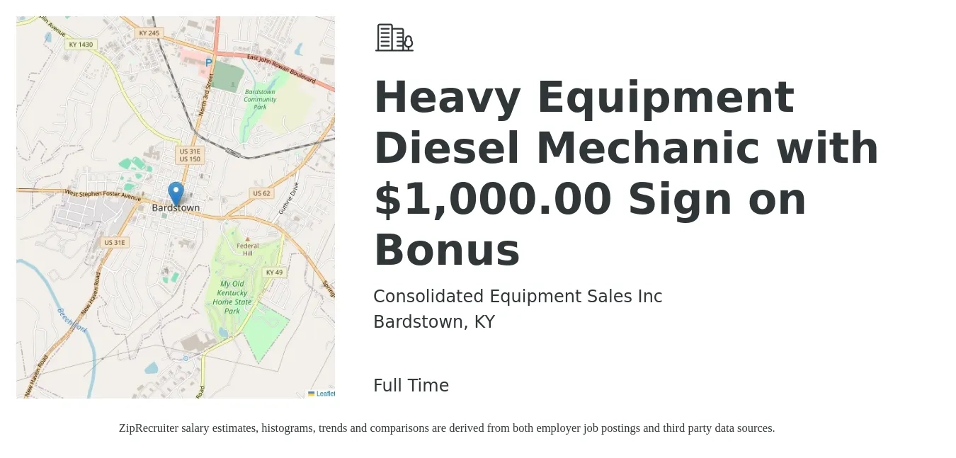 Consolidated Equipment Sales Inc job posting for a Heavy Equipment Diesel Mechanic with $1,000.00 Sign on Bonus in Bardstown, KY with a salary of $21 to $29 Hourly with a map of Bardstown location.
