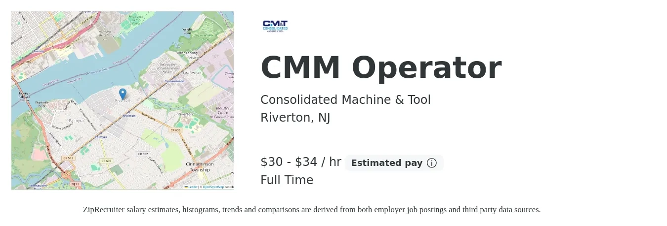 Consolidated Machine & Tool job posting for a CMM Operator in Riverton, NJ with a salary of $31 to $36 Hourly with a map of Riverton location.