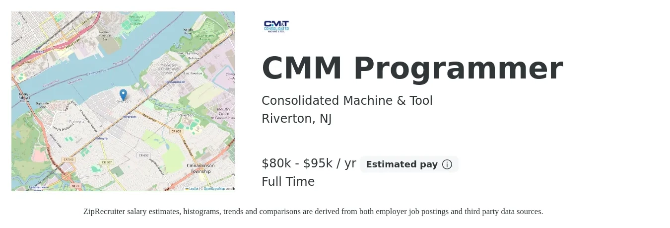 Consolidated Machine & Tool job posting for a CMM Programmer in Riverton, NJ with a salary of $80,000 to $95,000 Yearly with a map of Riverton location.