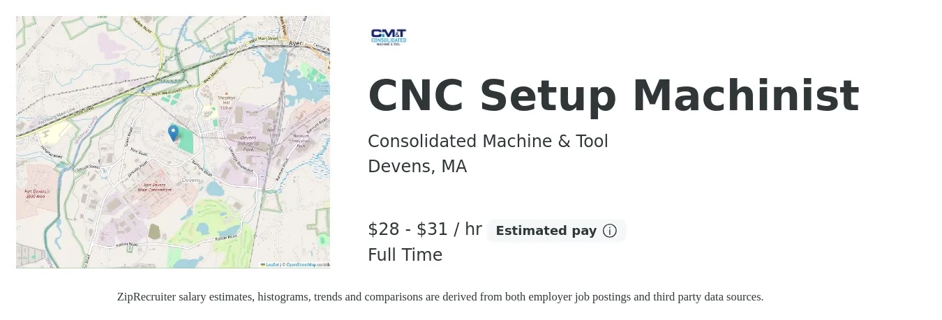 Consolidated Machine & Tool job posting for a CNC Setup Machinist in Devens, MA with a salary of $30 to $33 Hourly with a map of Devens location.