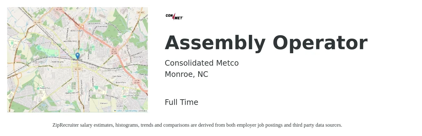 Consolidated Metco job posting for a Assembly Operator in Monroe, NC with a salary of $15 to $18 Hourly with a map of Monroe location.