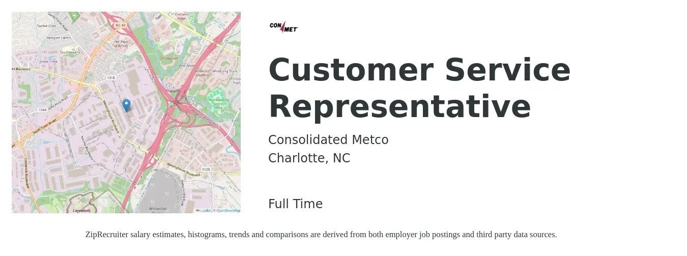 Consolidated Metco job posting for a Customer Service Representative in Charlotte, NC with a salary of $16 to $21 Hourly with a map of Charlotte location.