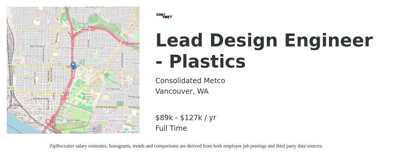 Consolidated Metco job posting for a Lead Design Engineer - Plastics in Vancouver, WA with a salary of $89,211 to $127,445 Yearly with a map of Vancouver location.