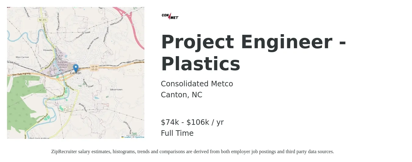 Consolidated Metco job posting for a Project Engineer - Plastics in Canton, NC with a salary of $74,567 to $106,525 Yearly with a map of Canton location.