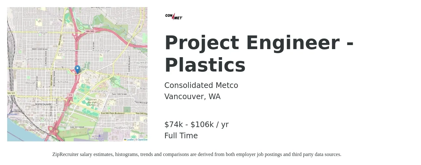 Consolidated Metco job posting for a Project Engineer - Plastics in Vancouver, WA with a salary of $74,567 to $106,525 Yearly with a map of Vancouver location.