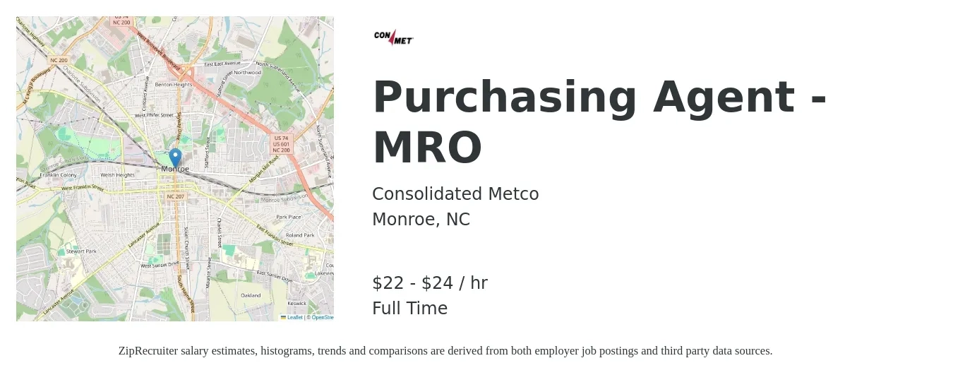 Consolidated Metco job posting for a Purchasing Agent - MRO in Monroe, NC with a salary of $23 to $26 Hourly with a map of Monroe location.