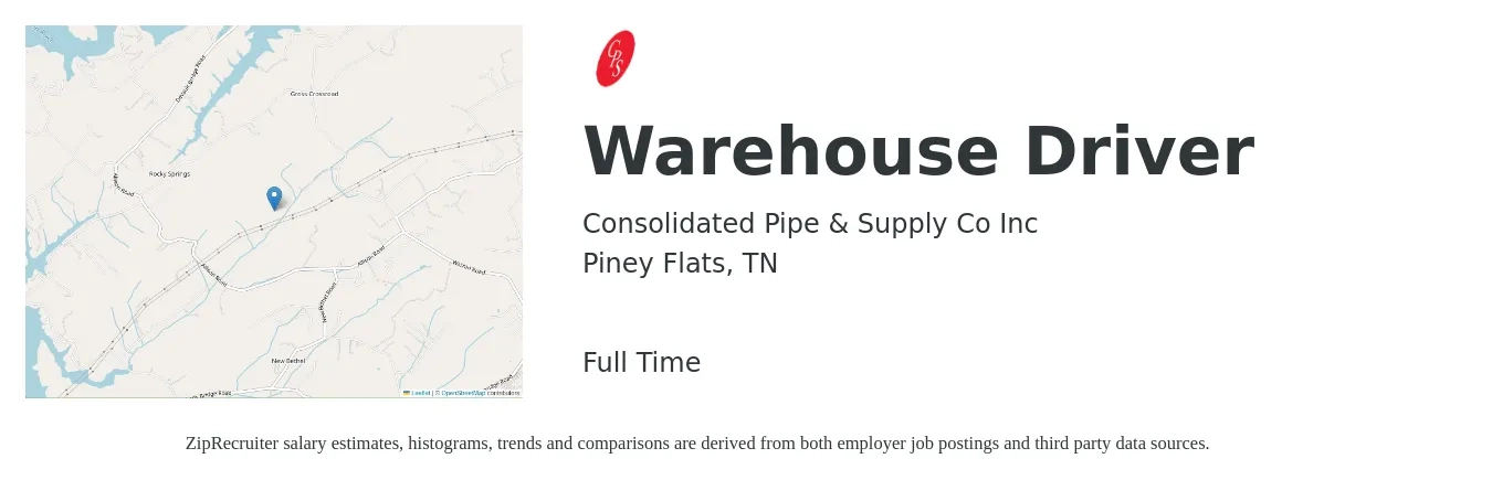 Consolidated Pipe & Supply Co Inc job posting for a Warehouse Driver in Piney Flats, TN with a salary of $15 to $18 Hourly with a map of Piney Flats location.
