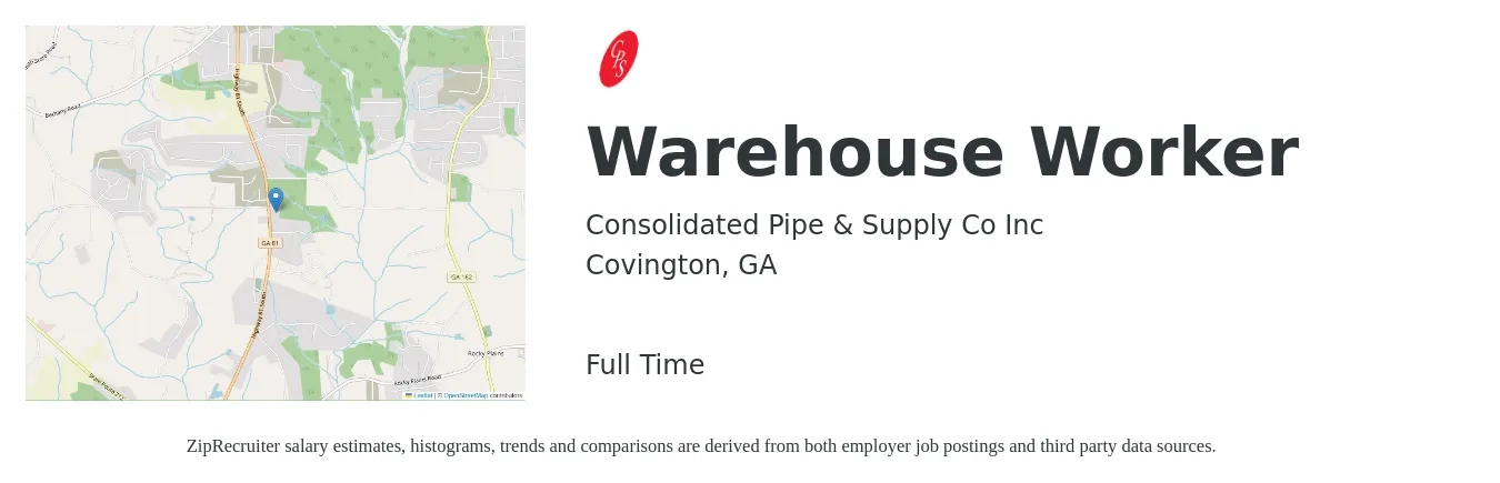 Consolidated Pipe & Supply Co Inc job posting for a Warehouse Worker in Covington, GA with a salary of $14 to $16 Hourly with a map of Covington location.