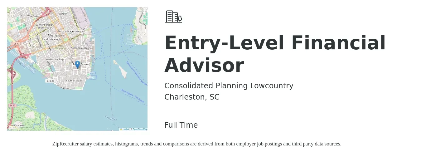 Consolidated Planning Lowcountry job posting for a Entry-Level Financial Advisor in Charleston, SC with a salary of $77,000 to $105,000 Yearly with a map of Charleston location.