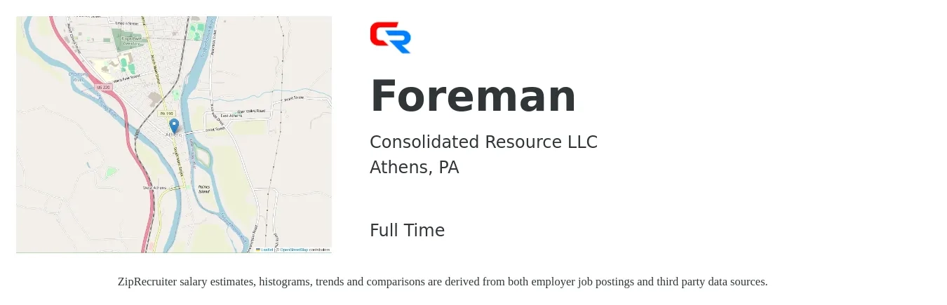 Consolidated Resource LLC job posting for a Foreman in Athens, PA with a salary of $77,200 to $125,600 Yearly with a map of Athens location.