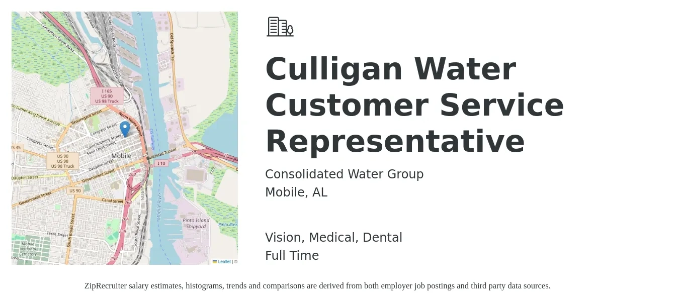Consolidated Water Group job posting for a Culligan Water Customer Service Representative in Mobile, AL with a salary of $16 to $22 Hourly and benefits including vision, dental, life_insurance, medical, pto, and retirement with a map of Mobile location.