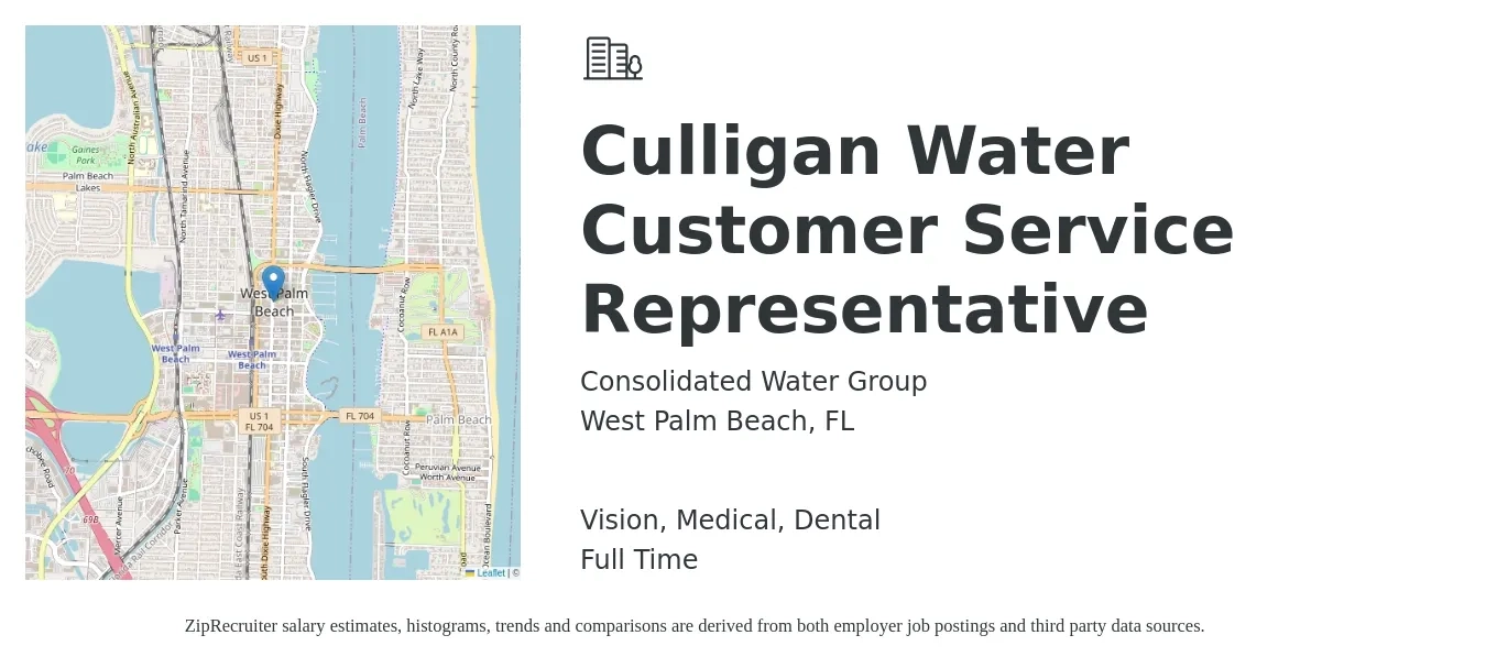 Consolidated Water Group job posting for a Culligan Water Customer Service Representative in West Palm Beach, FL with a salary of $16 to $21 Hourly and benefits including pto, retirement, vision, dental, life_insurance, and medical with a map of West Palm Beach location.