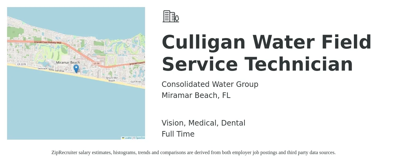 Consolidated Water Group job posting for a Culligan Water Field Service Technician in Miramar Beach, FL with a salary of $18 to $27 Hourly and benefits including pto, retirement, vision, dental, life_insurance, and medical with a map of Miramar Beach location.