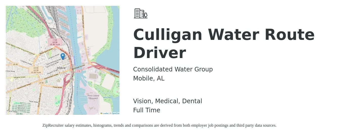 Consolidated Water Group job posting for a Culligan Water Route Driver in Mobile, AL with a salary of $18 to $24 Hourly and benefits including dental, life_insurance, medical, pto, retirement, and vision with a map of Mobile location.