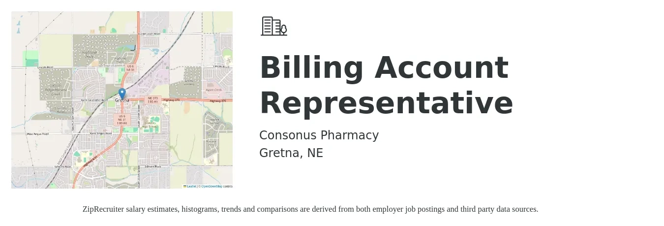 Consonus Pharmacy job posting for a Billing Account Representative in Gretna, NE with a salary of $17 to $22 Hourly with a map of Gretna location.