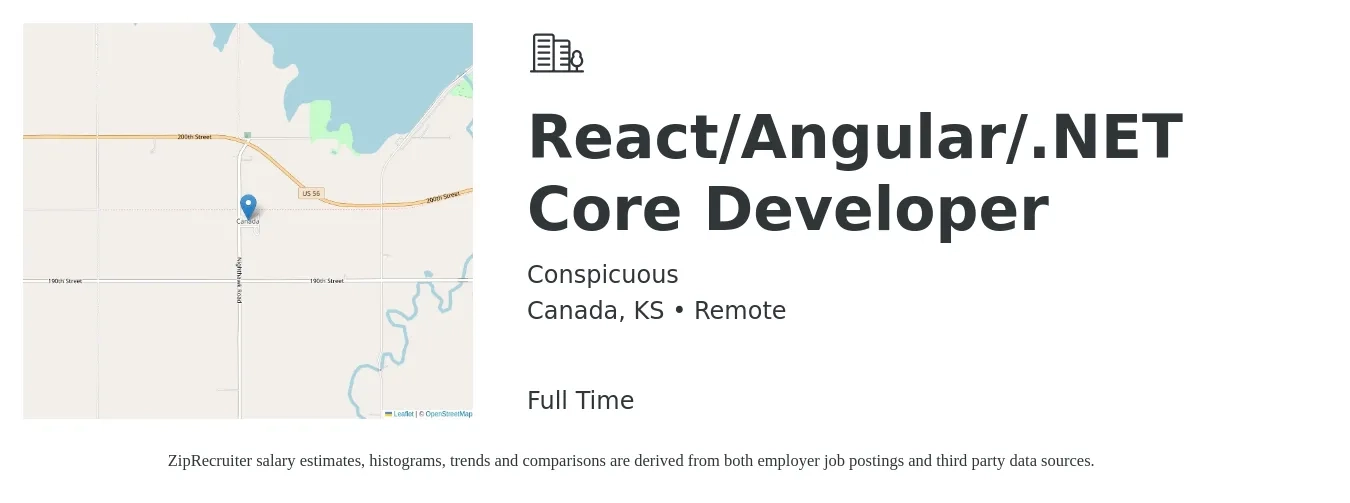 Conspicuous job posting for a React/Angular/.NET Core Developer in Canada, KS with a salary of $42 to $55 Hourly with a map of Canada location.