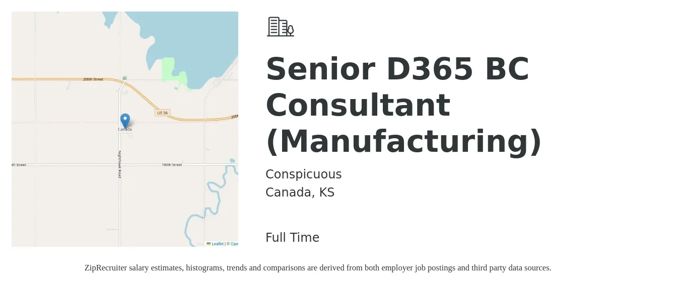 Conspicuous job posting for a Senior D365 BC Consultant (Manufacturing) in Canada, KS with a salary of $75,100 to $118,400 Yearly with a map of Canada location.