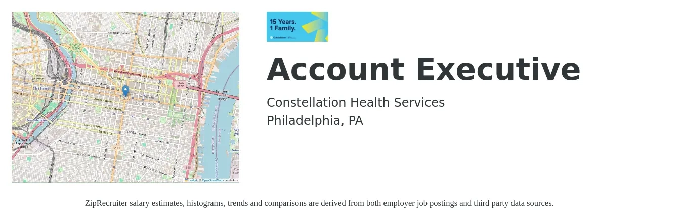 Constellation Health Services job posting for a Account Executive in Philadelphia, PA with a salary of $52,100 to $91,600 Yearly with a map of Philadelphia location.