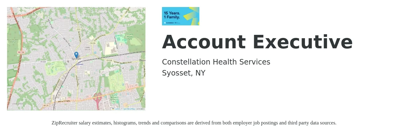 Constellation Health Services job posting for a Account Executive in Syosset, NY with a salary of $70,000 to $85,000 Yearly with a map of Syosset location.
