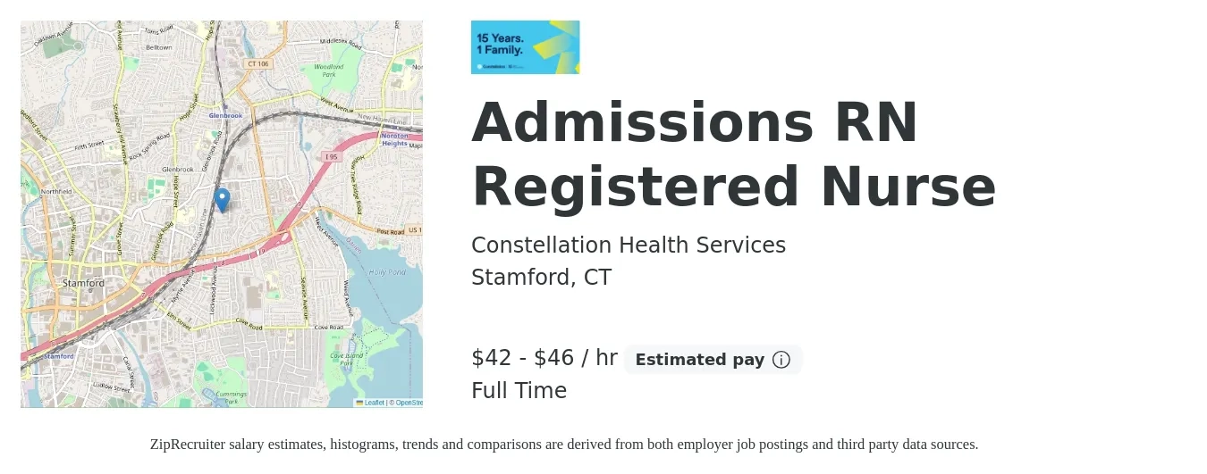 Constellation Health Services job posting for a Admissions RN Registered Nurse in Stamford, CT with a salary of $44 to $48 Hourly with a map of Stamford location.
