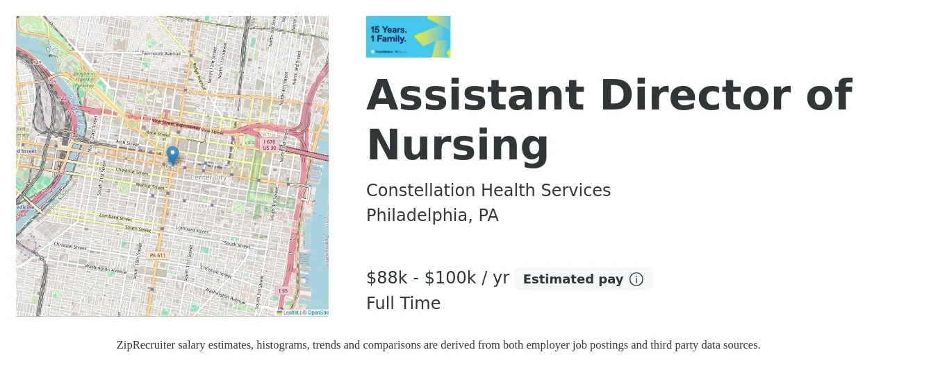 Constellation Health Services job posting for a Assistant Director of Nursing in Philadelphia, PA with a salary of $88,000 to $100,000 Yearly with a map of Philadelphia location.