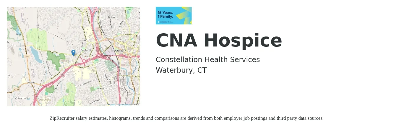 Constellation Health Services job posting for a CNA Hospice in Waterbury, CT with a salary of $20 Hourly with a map of Waterbury location.