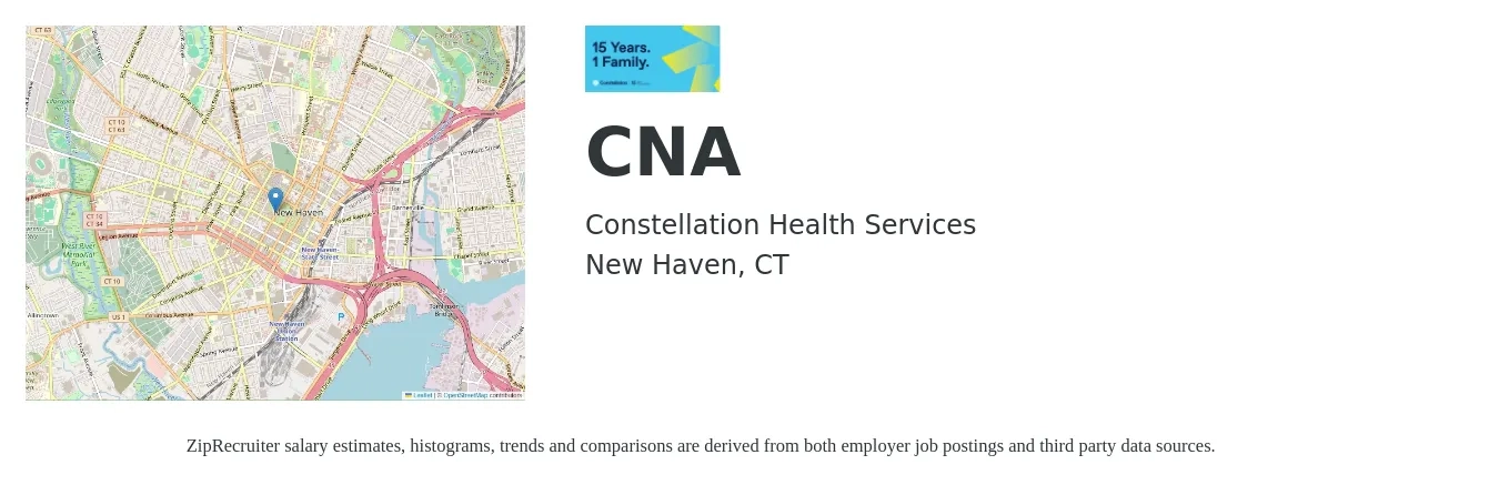 Constellation Health Services job posting for a CNA in New Haven, CT with a salary of $17 to $24 Hourly with a map of New Haven location.