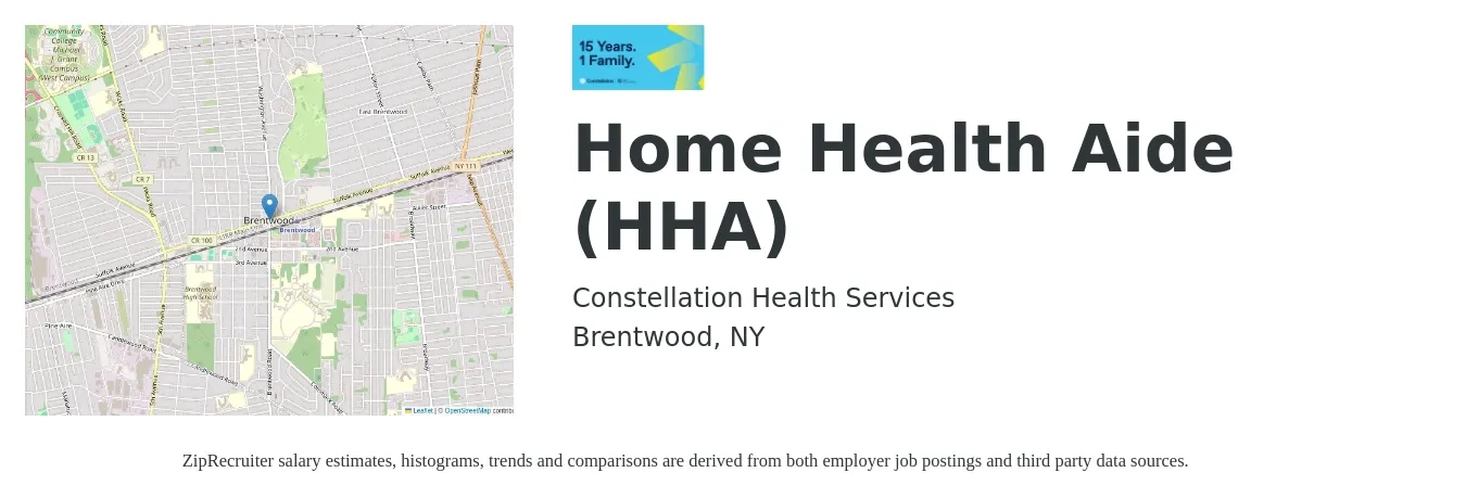 Constellation Health Services job posting for a Home Health Aide (HHA) in Brentwood, NY with a salary of $18 to $20 Hourly with a map of Brentwood location.