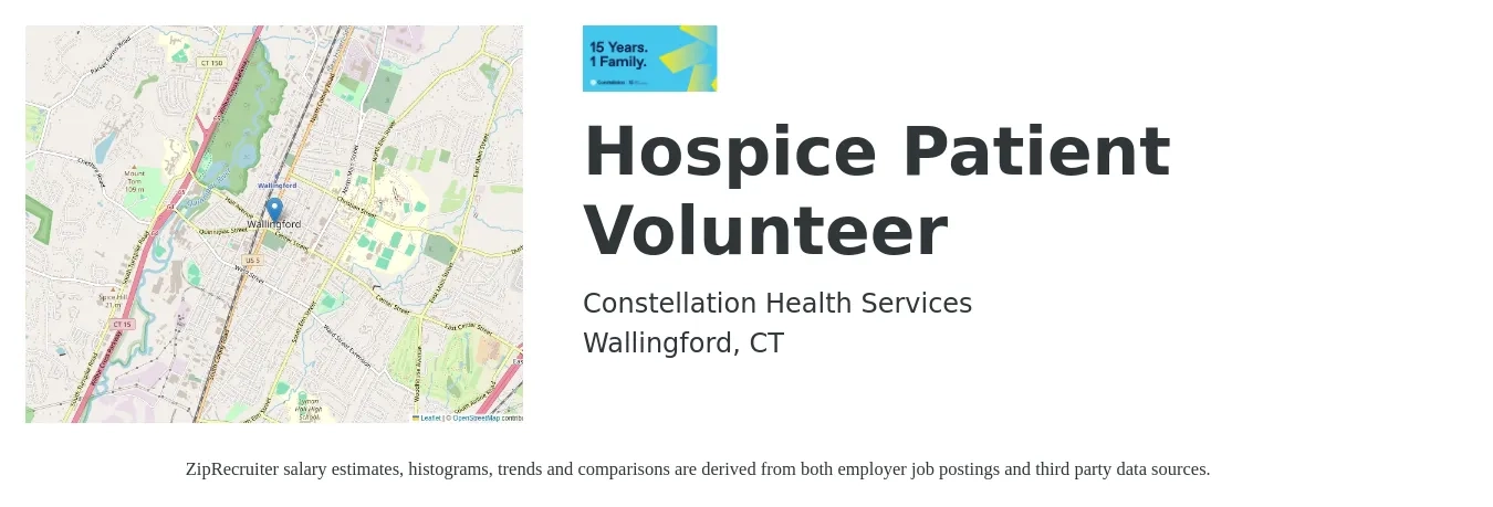 Constellation Health Services job posting for a Hospice Patient Volunteer in Wallingford, CT with a salary of $35 to $43 Hourly with a map of Wallingford location.