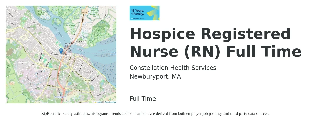 Constellation Health Services job posting for a Hospice Registered Nurse (RN) Full Time in Newburyport, MA with a salary of $1,650 to $2,400 Weekly with a map of Newburyport location.