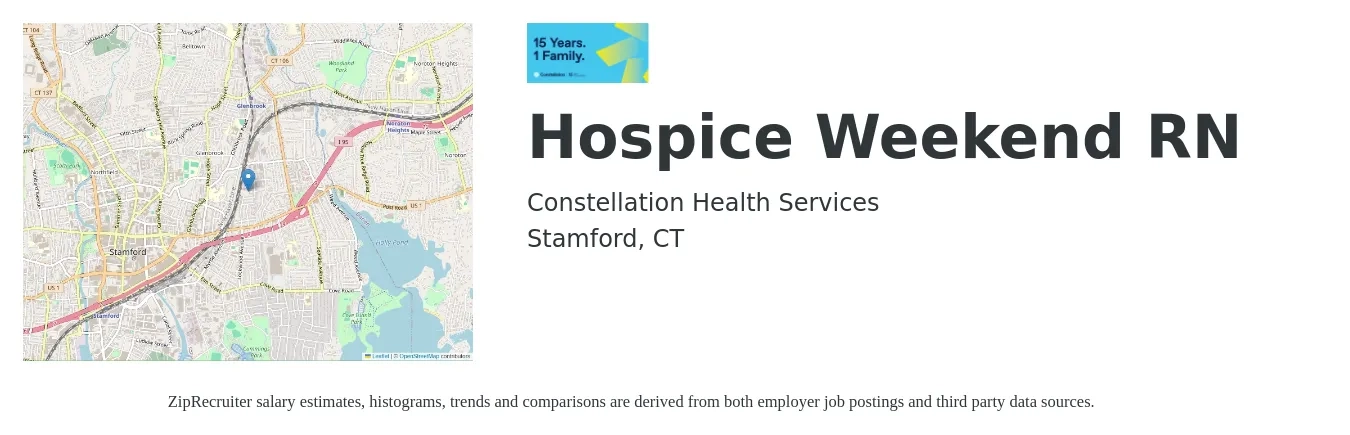 Constellation Health Services job posting for a Hospice Weekend RN in Stamford, CT with a salary of $42 to $52 Hourly with a map of Stamford location.