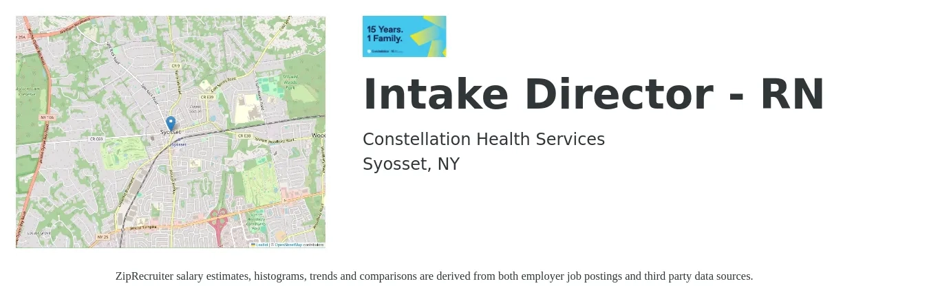 Constellation Health Services job posting for a Intake Director - RN in Syosset, NY with a salary of $90,000 to $110,000 Yearly with a map of Syosset location.