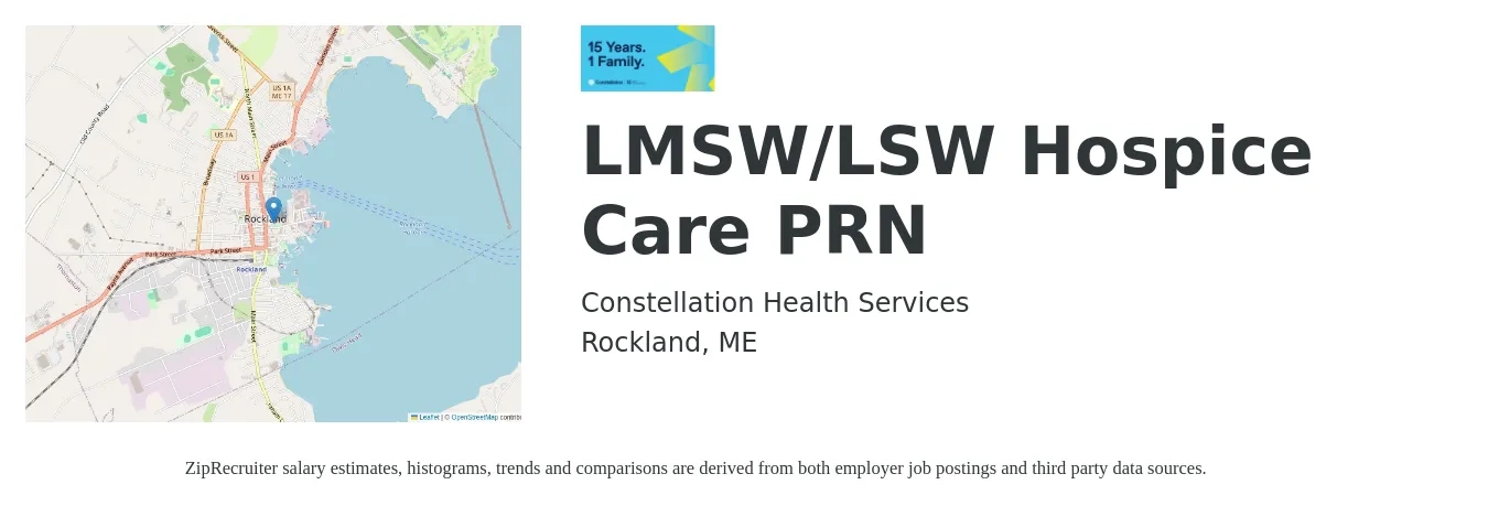 Constellation Health Services job posting for a LMSW Hospice Care PRN in Rockland, ME with a salary of $70 Hourly with a map of Rockland location.