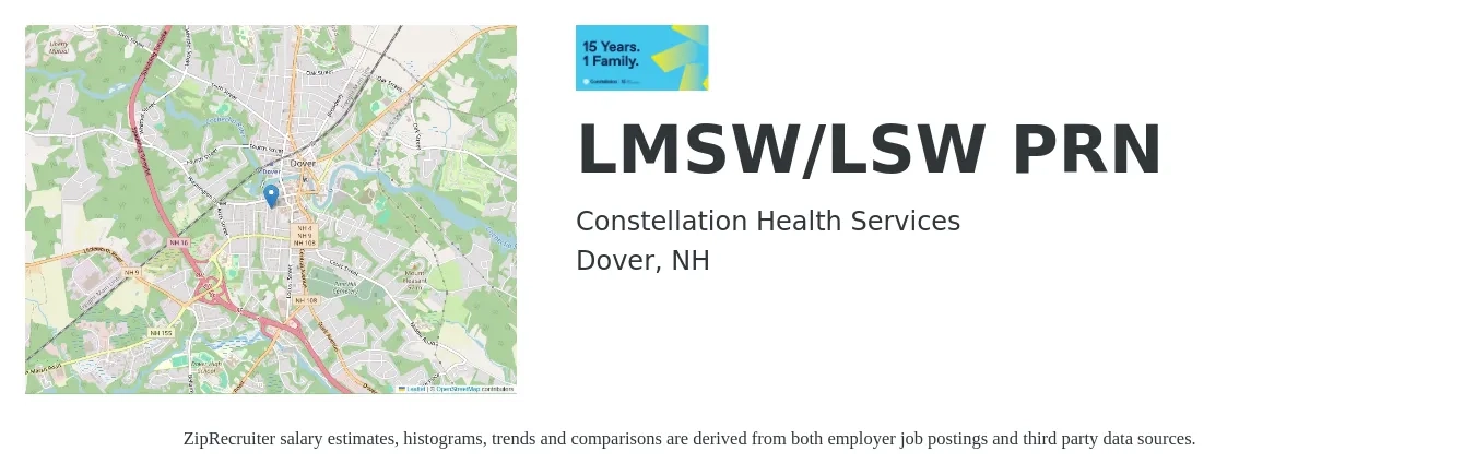 Constellation Health Services job posting for a LMSW/LSW PRN in Dover, NH with a salary of $70 Hourly with a map of Dover location.