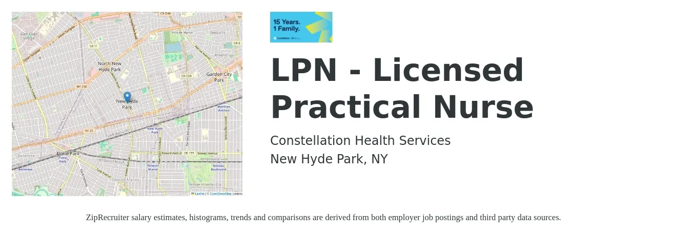 Constellation Health Services job posting for a LPN - Licensed Practical Nurse in New Hyde Park, NY with a salary of $60,000 to $66,500 Yearly with a map of New Hyde Park location.