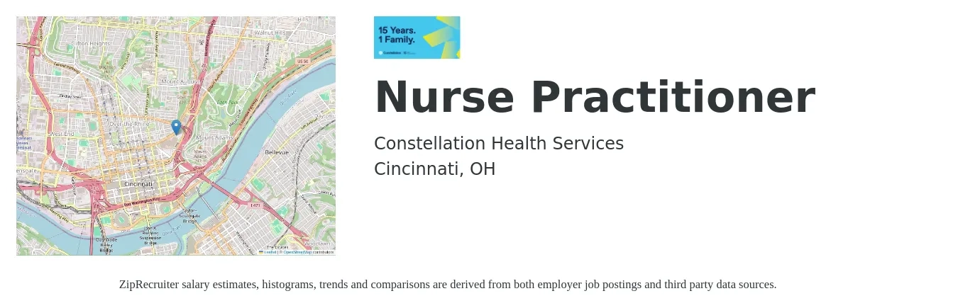 Constellation Health Services job posting for a Nurse Practitioner in Cincinnati, OH with a salary of $103,700 to $144,000 Yearly with a map of Cincinnati location.