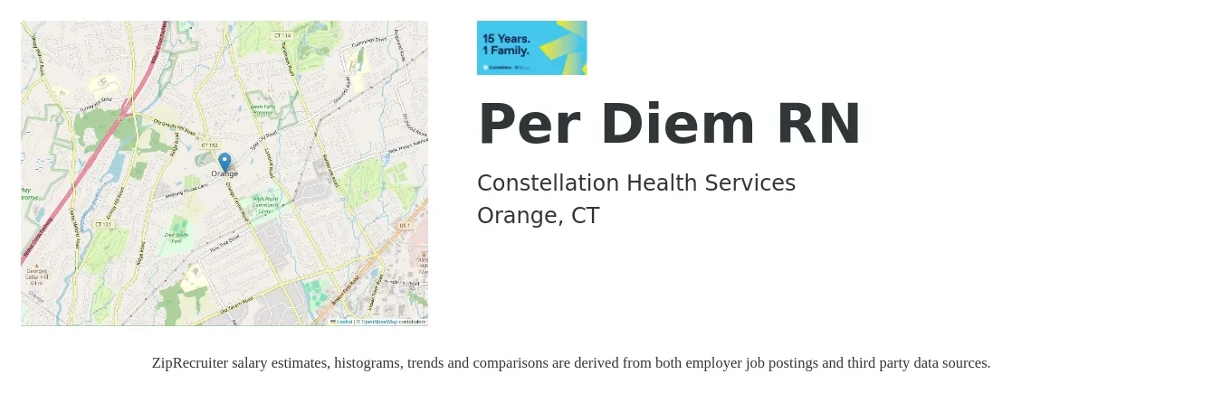 Constellation Health Services job posting for a Per Diem RN in Orange, CT with a salary of $33 to $64 Hourly with a map of Orange location.