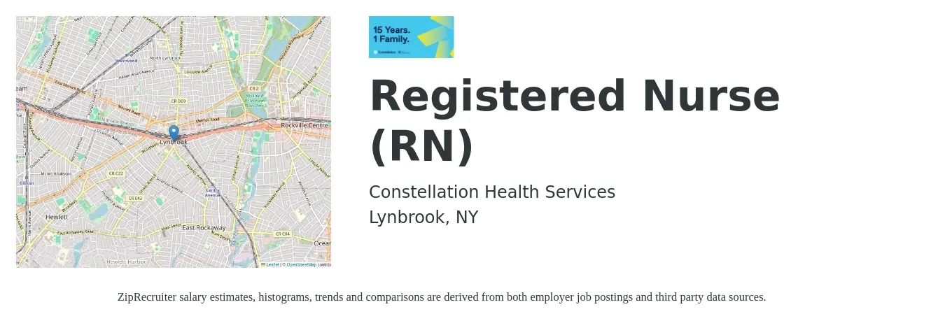Constellation Health Services job posting for a Registered Nurse (RN) in Lynbrook, NY with a salary of $90,000 to $95,000 Yearly with a map of Lynbrook location.