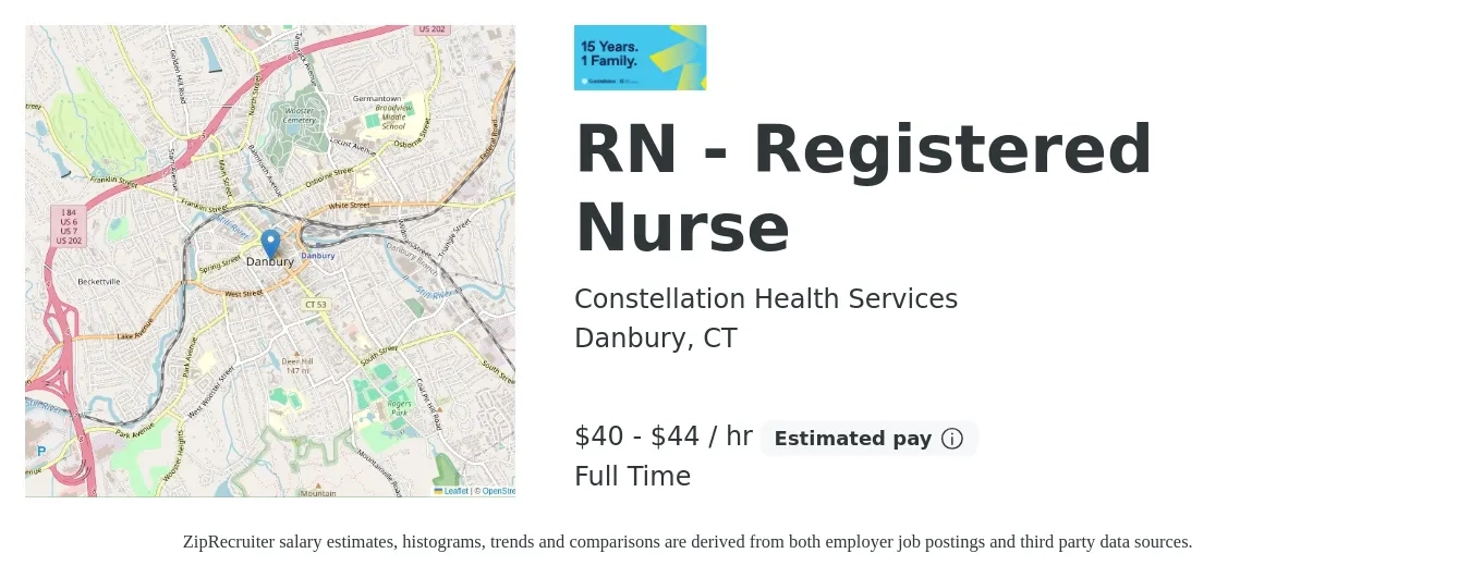 Constellation Health Services job posting for a RN - Registered Nurse in Danbury, CT with a salary of $42 to $46 Hourly with a map of Danbury location.