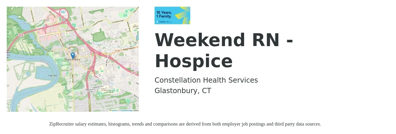 Constellation Health Services job posting for a Weekend RN - Hospice in Glastonbury, CT with a salary of $42 to $52 Hourly with a map of Glastonbury location.