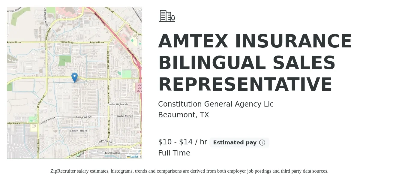 Constitution General Agency Llc job posting for a AMTEX INSURANCE BILINGUAL SALES REPRESENTATIVE in Beaumont, TX with a salary of $11 to $15 Hourly with a map of Beaumont location.
