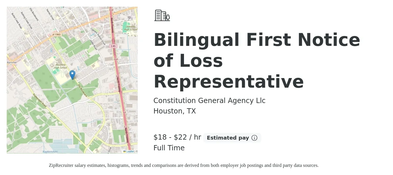 Constitution General Agency Llc job posting for a Bilingual First Notice of Loss Representative in Houston, TX with a salary of $20 to $24 Hourly with a map of Houston location.