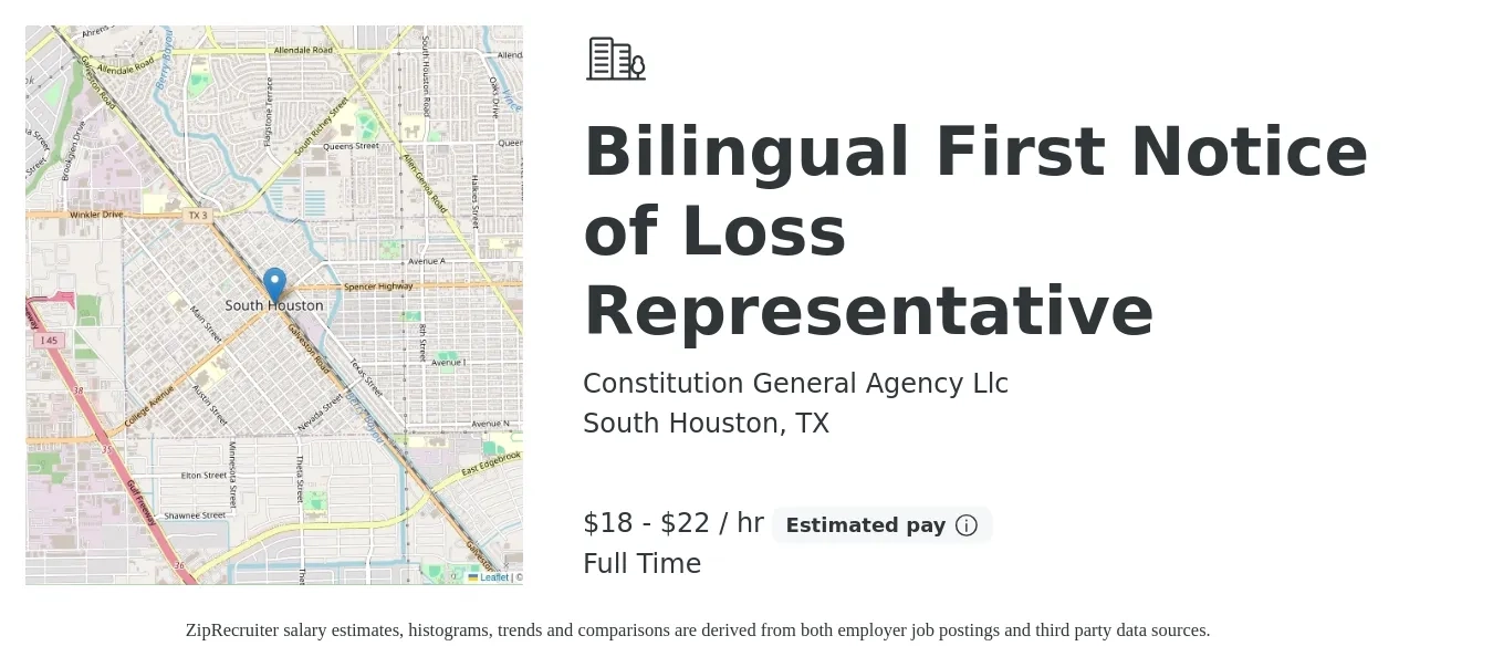 Constitution General Agency Llc job posting for a Bilingual First Notice of Loss Representative in South Houston, TX with a salary of $20 to $24 Hourly with a map of South Houston location.