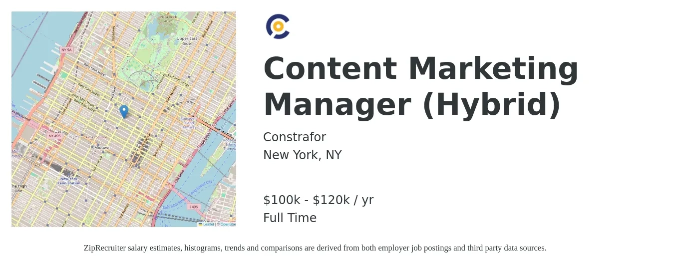Constrafor job posting for a Content Marketing Manager (Hybrid) in New York, NY with a salary of $100,000 to $120,000 Yearly with a map of New York location.