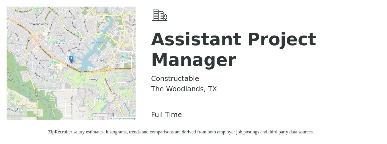 Constructable job posting for a Assistant Project Manager in The Woodlands, TX with a salary of $60,000 to $75,000 Yearly and benefits including dental, life_insurance, medical, retirement, and vision with a map of The Woodlands location.