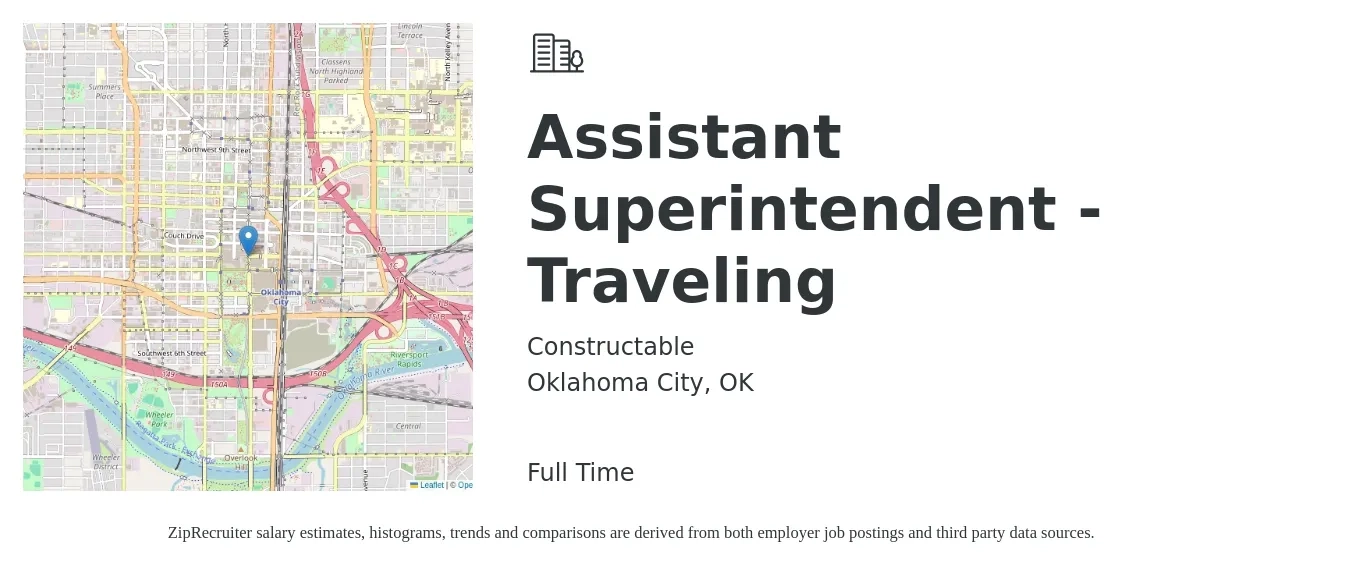 Constructable job posting for a Assistant Superintendent -Traveling in Oklahoma City, OK with a salary of $78,500 to $109,600 Yearly with a map of Oklahoma City location.
