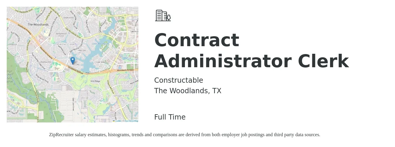 Constructable job posting for a Contract Administrator Clerk in The Woodlands, TX with a salary of $50,900 to $78,600 Yearly with a map of The Woodlands location.