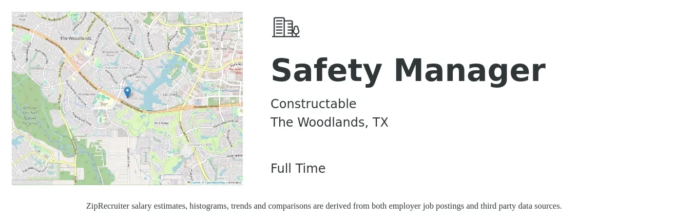 Constructable job posting for a Safety Manager in The Woodlands, TX with a salary of $58,500 to $91,600 Yearly with a map of The Woodlands location.
